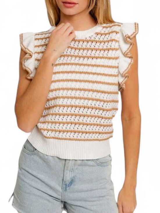 Le Lis Tops - Crochet Cream Tan Ruffled Crop Blouse